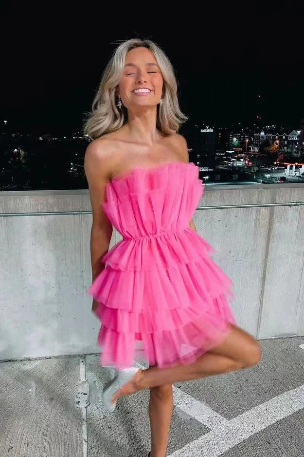 Pink Off-The-Shoulder Homecoming Dress Tulle Mini Cocktail Dress nv2233