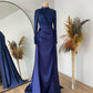 Jewel Neck Pleated Satin Bodycon Sequin Dress Trailing Long Sleeve Evening Gown Ball Gown nv1964