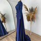 Jewel Neck Pleated Satin Bodycon Sequin Dress Trailing Long Sleeve Evening Gown Ball Gown nv1964