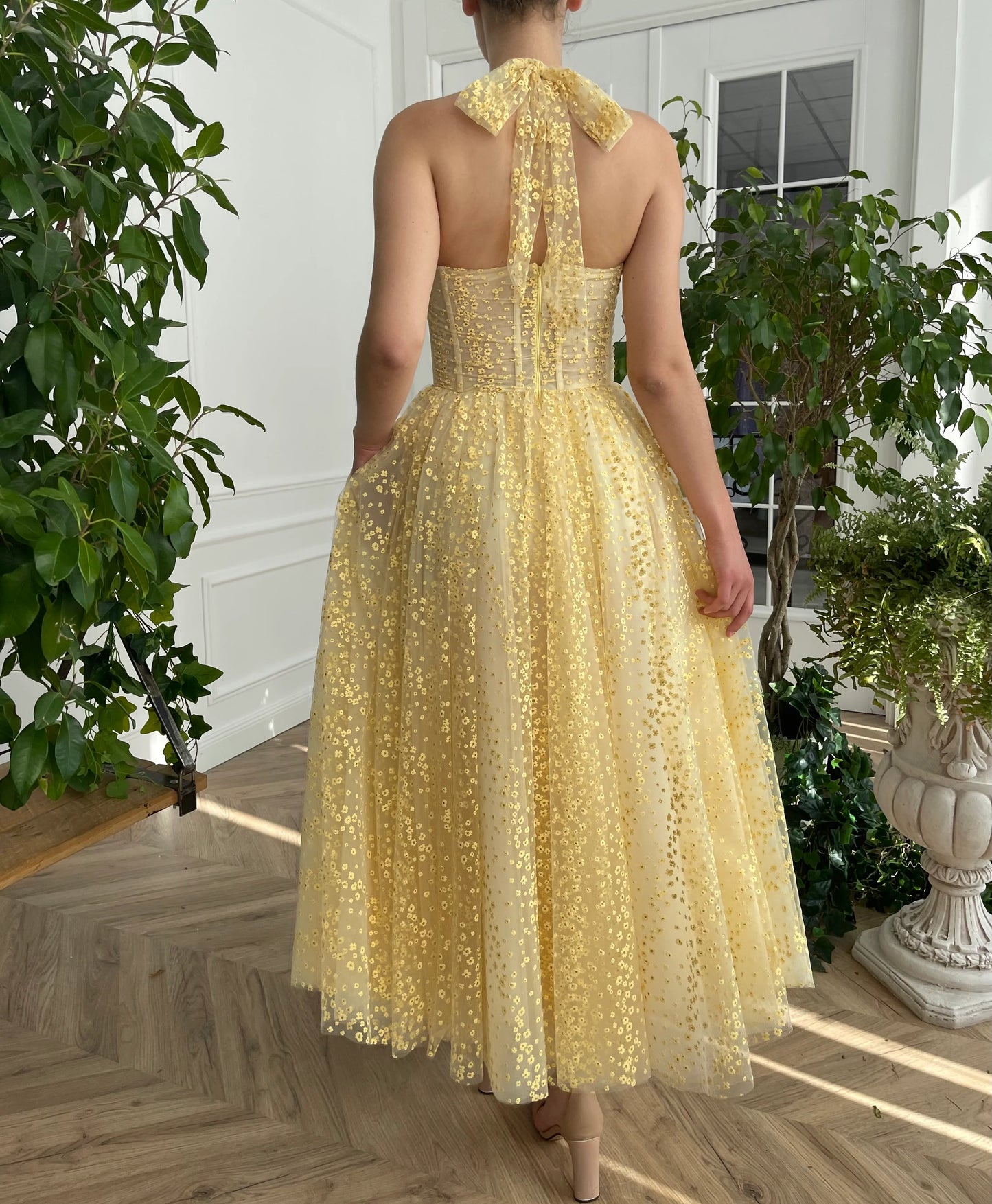 Yellow A-line Lace Prom Dress Backless Ankle Length Evening Dress Corset Party Graduation Dress nv1675