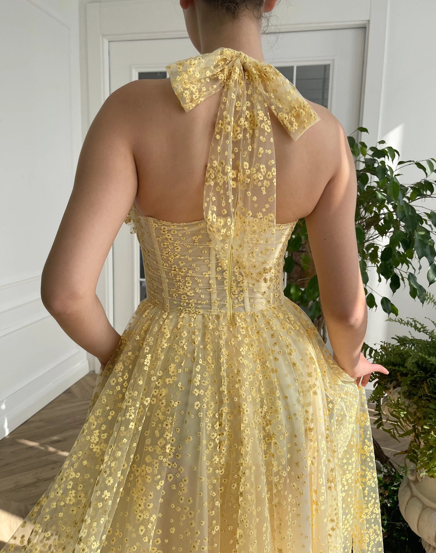 Yellow A-line Lace Prom Dress Backless Ankle Length Evening Dress Corset Party Graduation Dress nv1675