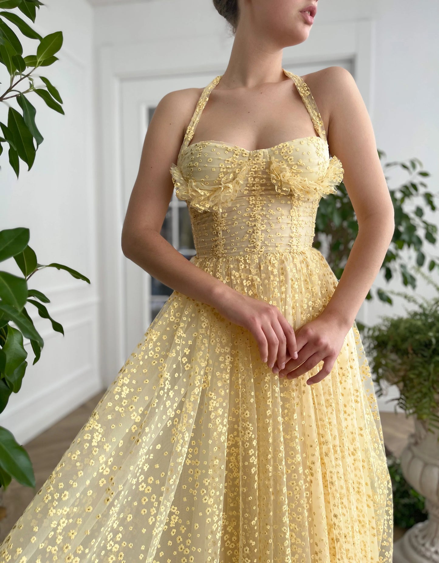 Yellow A-line Lace Prom Dress Backless Ankle Length Evening Dress Corset Party Graduation Dress nv1675