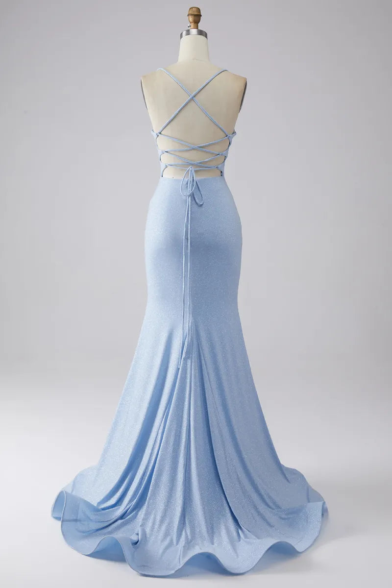 Light Blue Sparkly Mermaid Prom Dress with Slit nv1652