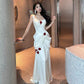 White Red Roses Decorated Satin Long Ball Gown Party Dress Evening Dress nv2319