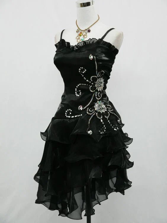 Black Vintage Exquisite Beaded Strapless A-Line Ruffle Short tulle Prom Dress Homecoming Dress Party Dress nv3313