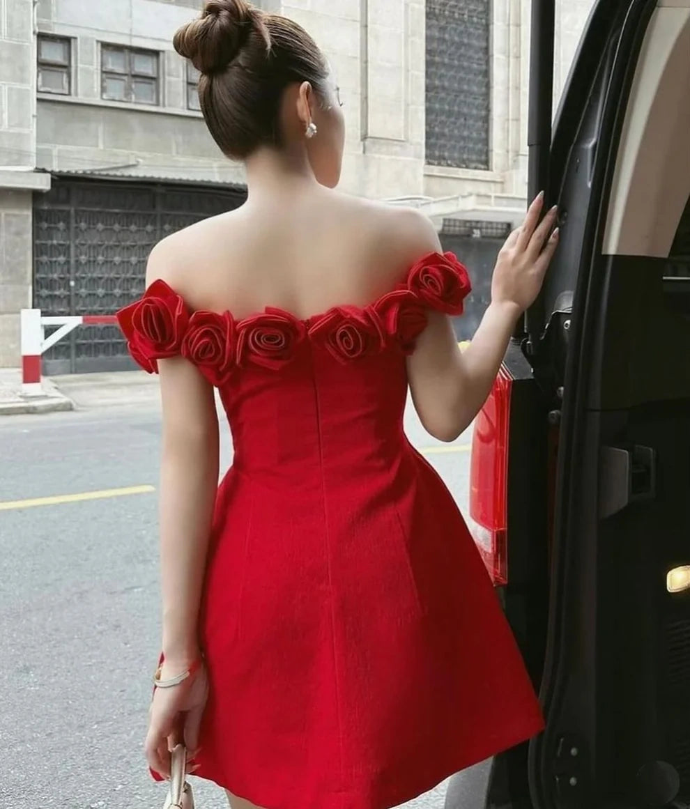 Red Off Shoulder Rose Lace Neckline A-Line Short Mini Homecoming Dress Birthday Christmas Party Dress Princess nv2741