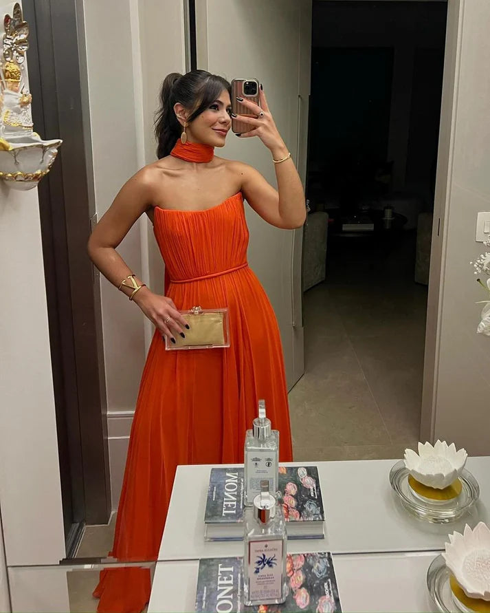 Orange Solid Strapless A-Line Long Prom Gown Formal Evening Dress Party Dress nv2495