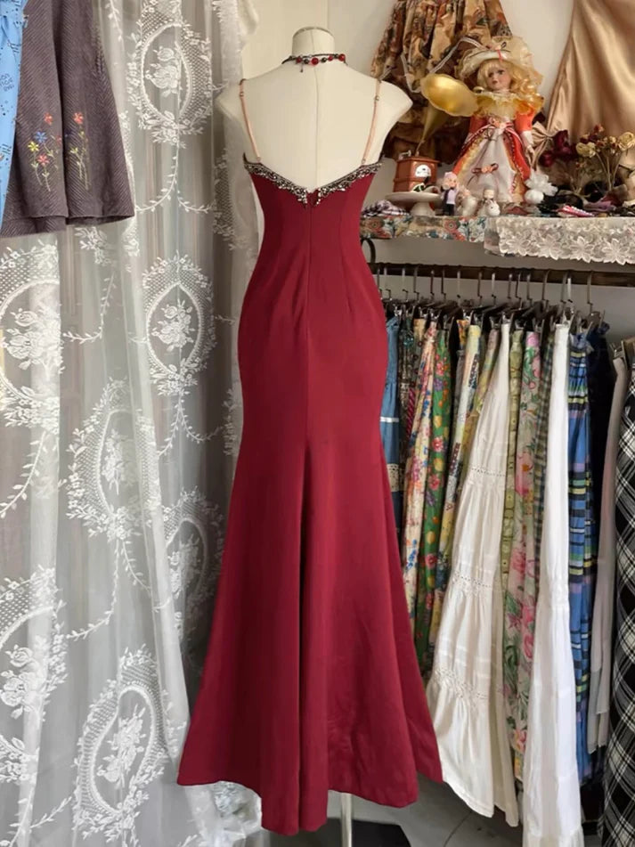 Burgundy Retro V-neck Lace Long Ball Gown Mermaid Evening Dress Party Dress nv2354