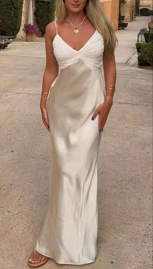 Champagne stylish elegant spaghetti straps long satin slim fit ball gown, evening dress, party dress nv3705