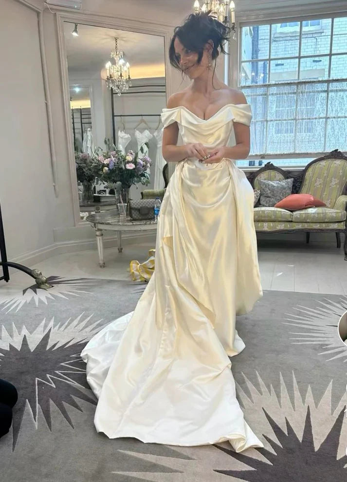 Elegant Off Shoulder A-Line Long Satin Wedding Dress Ball Gown Evening Dress nv2811