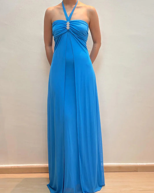 NiceVestidos--Sleeveless Sky - Blue Chiffon Halter A - line Floor - length Evening Dress NV5771