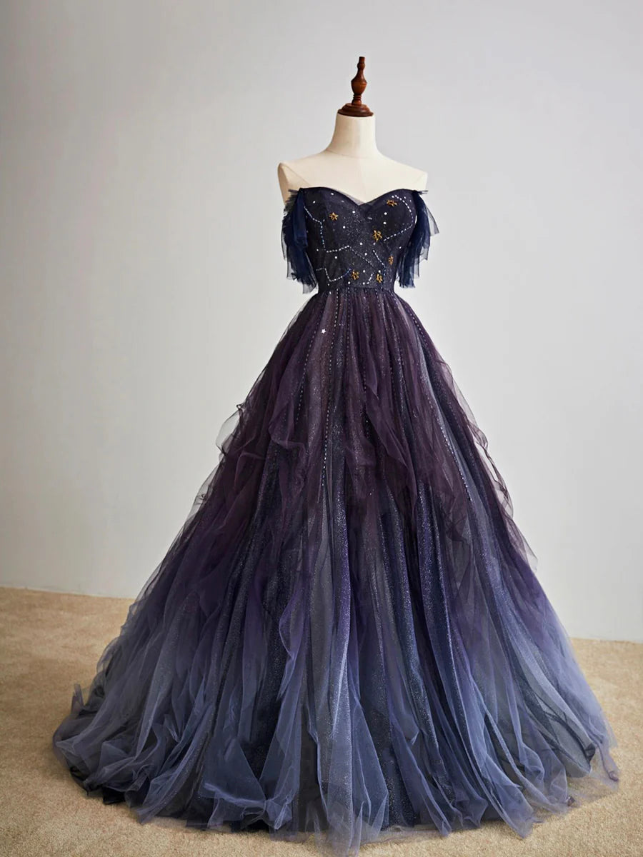 Purple Gradient Tulle Long Prom Dress, Beautiful A-Line Evening Party Dress nv1541