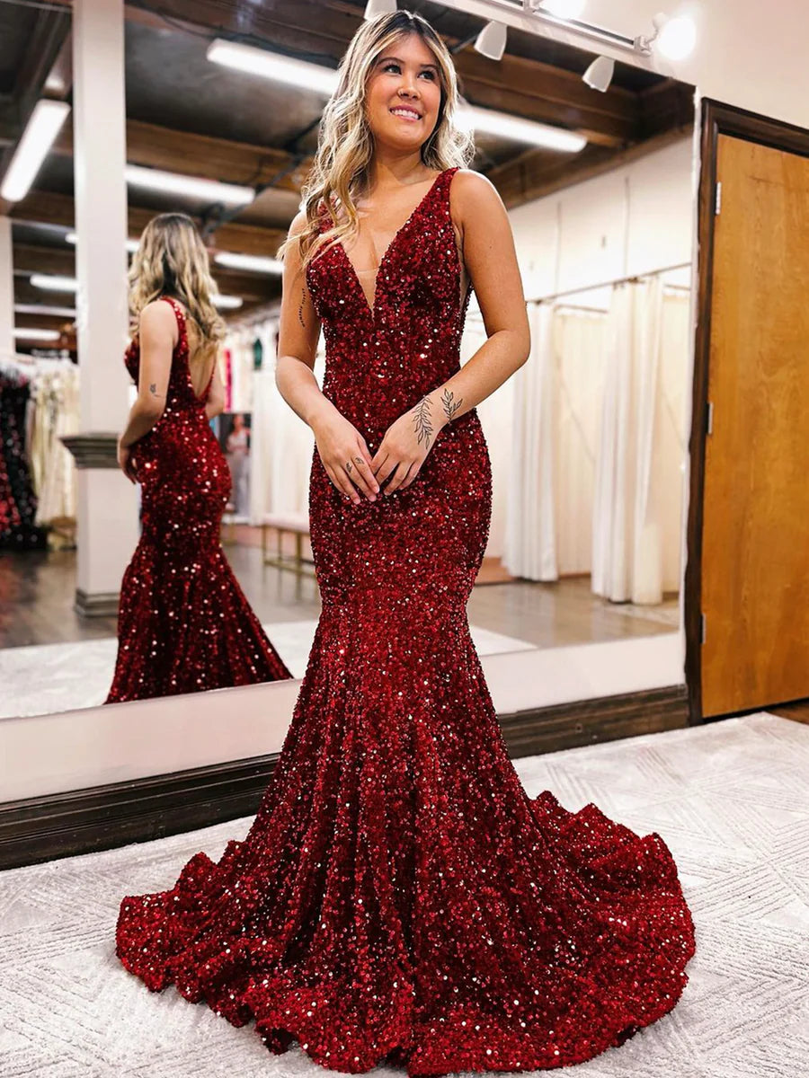 Mermaid V-Neck Sequins Long Prom Dress, Mermaid Evening Dress nv1429