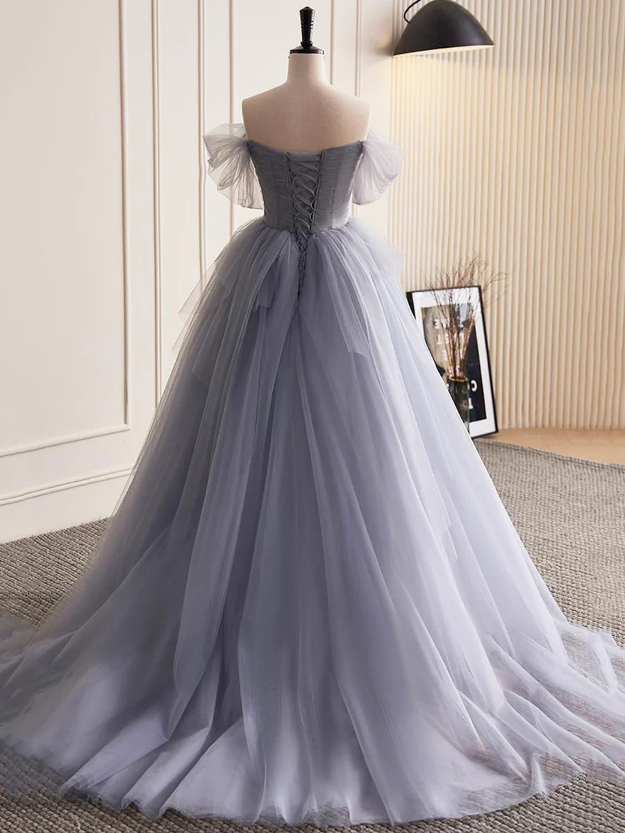 Gray Tulle Long A-Line Prom Dress, Off Shoulder Evening Dress Party Dress nv1432