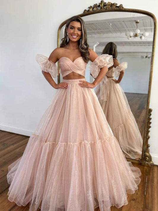 Pink Tulle Long Formal Dress, Two Pieces Evening Dress, Pink Party Dress nv1428