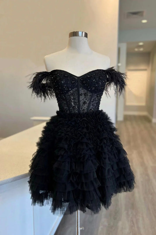 Black Tulle Knee Length Prom Dress, Black Off Shoulder Evening Dress nv1641