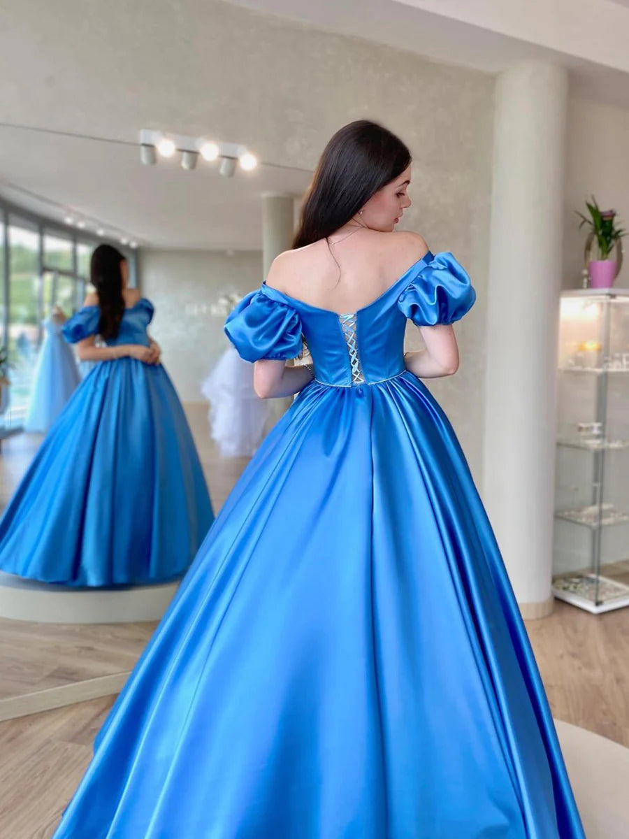 Blue Satin Long Prom Dress, A-Line Short Sleeve Evening Dress nv1583