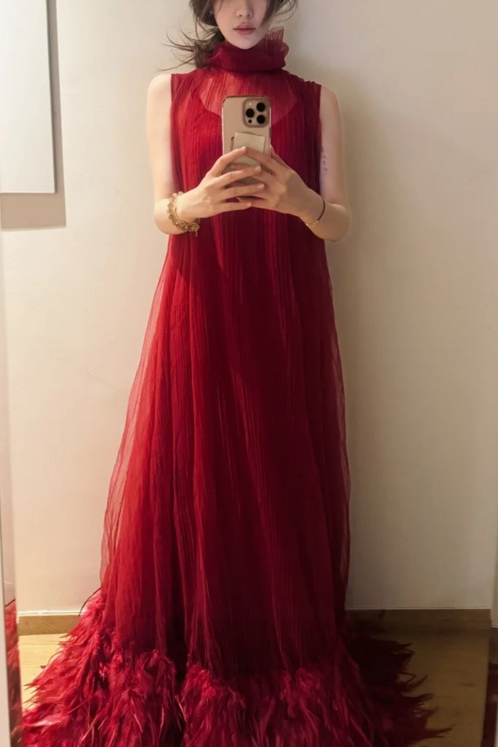 Red long chiffon fur formal Prom dress NV6575