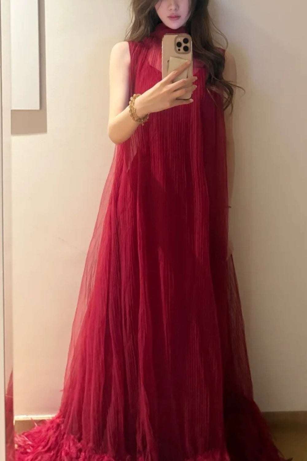 Red long chiffon fur formal Prom dress NV6575