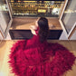 Red long chiffon fur formal Prom dress NV6575