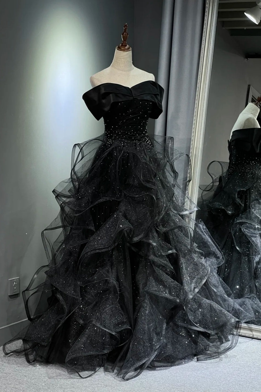 Black shimmering long tulle ball gown NV6629
