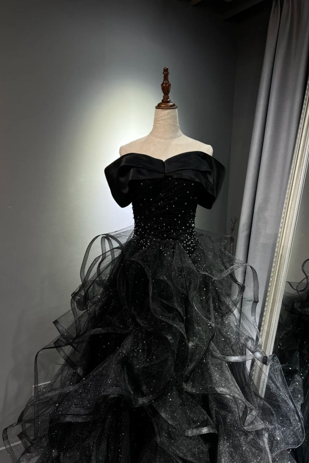 Black shimmering long tulle ball gown NV6629
