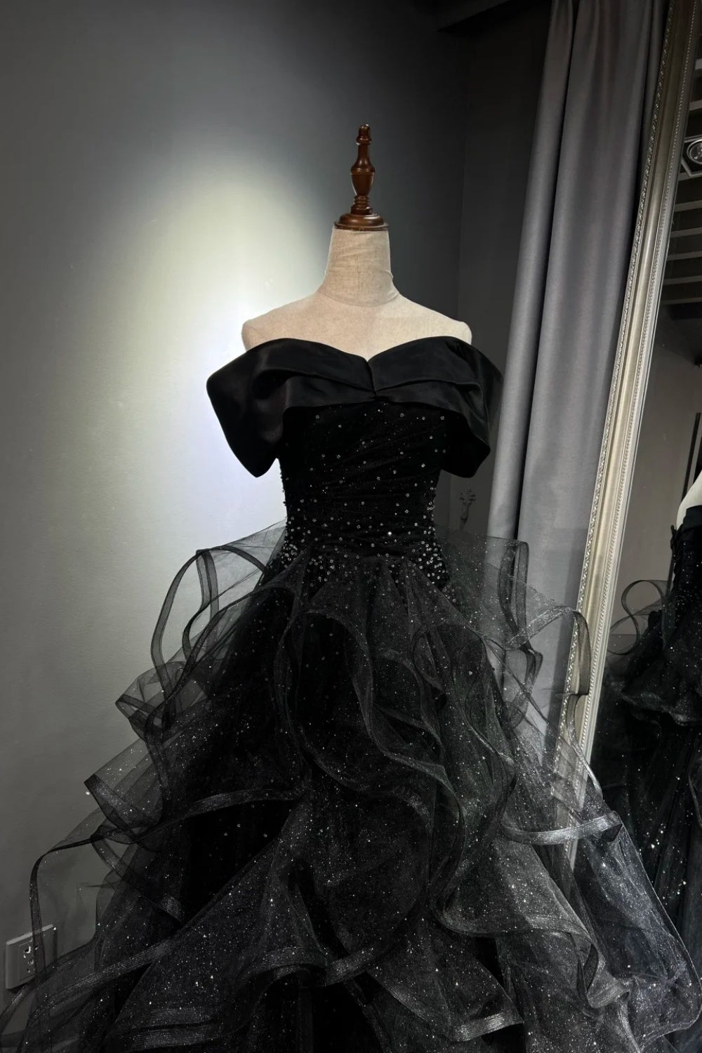 Black shimmering long tulle ball gown NV6629