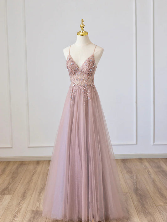 Pink V-Neck Tulle Long Prom Dress with Beaded, Pink Spaghetti Strap Evening Dress nv1435