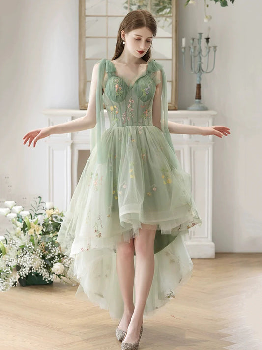 Lovely High Low Lace Party Dress, Green Tulle Short Prom Dress, Green Homecoming Dress nv1639