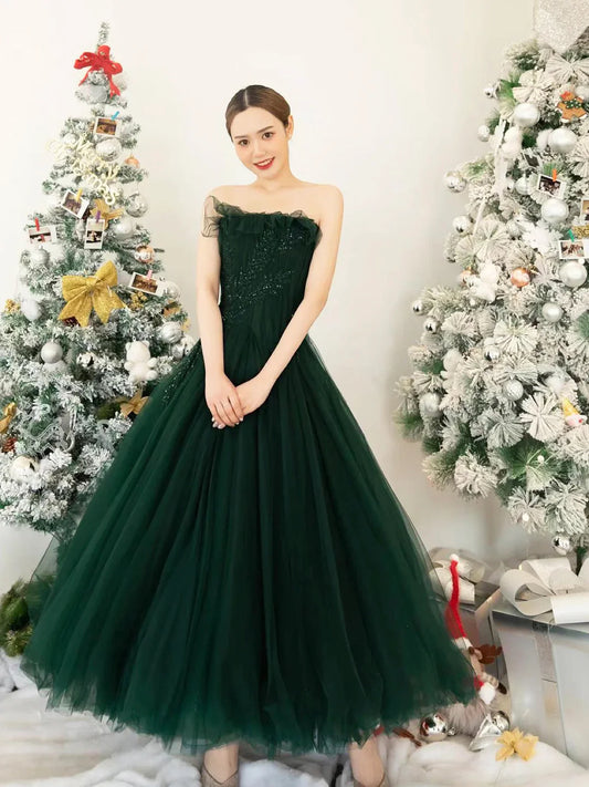 Green Off Shoulder Tulle Tea Length Party Dress A-Line Evening Gown Ball Gown nv2163