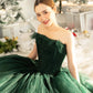 Green Off Shoulder Tulle Tea Length Party Dress A-Line Evening Gown Ball Gown nv2163