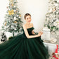 Green Off Shoulder Tulle Tea Length Party Dress A-Line Evening Gown Ball Gown nv2163