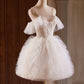 A-Line Tulle Layers Short Prom Dress, Light Champagne Spaghetti Strap Party Dress nv1417