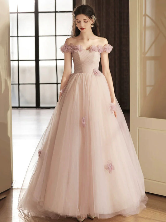 Beautiful Tulle Long Prom Dress with Flowers, A-Line Off the Shoulder Evening Party Dress nv1693