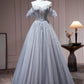 Gray Tulle Off Shoulder Beaded Party Dress, A-Line Tulle Formal Dress Prom Dress nv1538