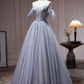 Gray Tulle Off Shoulder Beaded Party Dress, A-Line Tulle Formal Dress Prom Dress nv1538