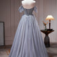 Gray Tulle Off Shoulder Beaded Party Dress, A-Line Tulle Formal Dress Prom Dress nv1538