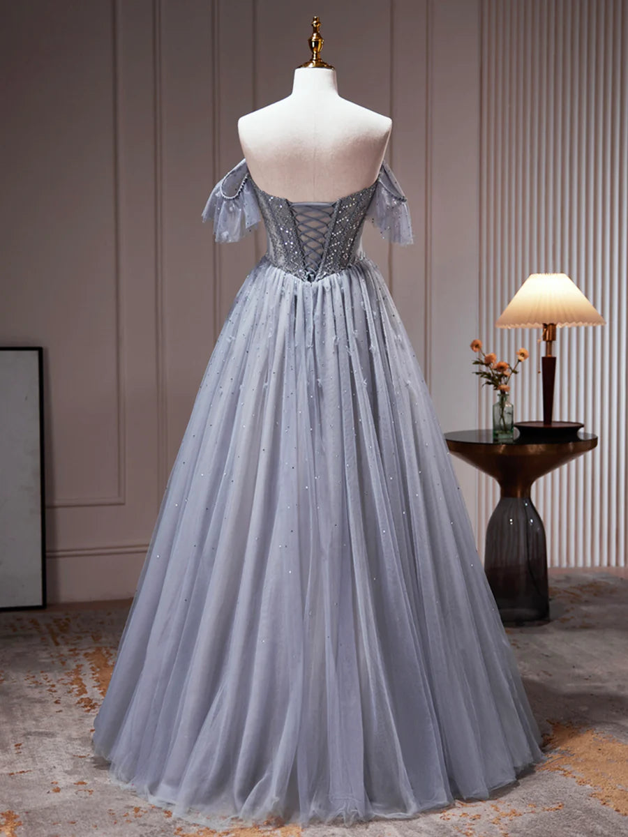 Gray Tulle Off Shoulder Beaded Party Dress, A-Line Tulle Formal Dress Prom Dress nv1538