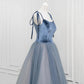 A-Line Velvet Tulle Long Prom Dress, Gray Blue Spaghetti Strap Evening Party Dress nv1572