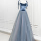 A-Line Velvet Tulle Long Prom Dress, Gray Blue Spaghetti Strap Evening Party Dress nv1572