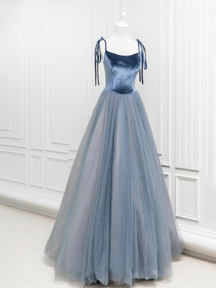 A-Line Velvet Tulle Long Prom Dress, Gray Blue Spaghetti Strap Evening Party Dress nv1572