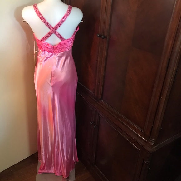 Pink Shiny Retro Pretty Fashion V-neck Strap Long Satin Ball Gown Evening Dress Party Dress nv3617