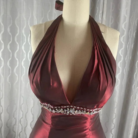 Burgundy Fashion Elegant Exquisite Beaded Strapless A-Line Long Satin Formal Prom Dress Evening Dress Party Dress nv3687