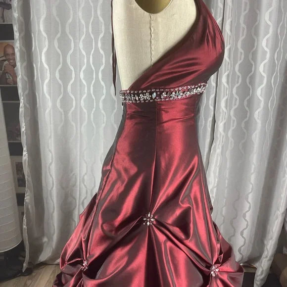 Burgundy Fashion Elegant Exquisite Beaded Strapless A-Line Long Satin Formal Prom Dress Evening Dress Party Dress nv3687