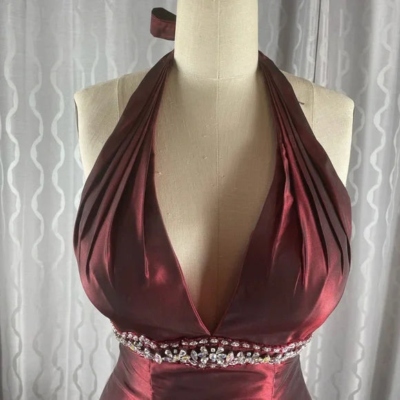 Burgundy Fashion Elegant Exquisite Beaded Strapless A-Line Long Satin Formal Prom Dress Evening Dress Party Dress nv3687