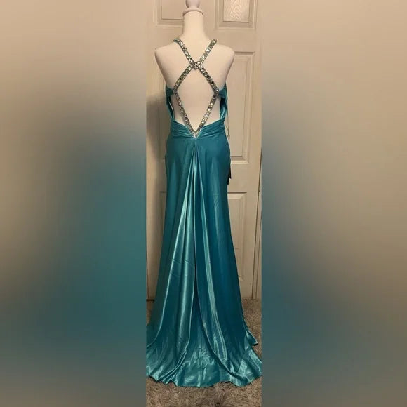 Blue Fashion Elegant Exquisite Beaded Strapless Long Satin Elegant Ball Gown Evening Gown Party Dress nv3680