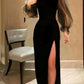 Black simple fashion puff sleeves long slit elegant sexy ball gown evening dress party dress nv51