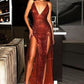 Burgundy shiny sequins V-neck long elegant sexy backless sleeveless front slit ball gown evening dress party dress nv59