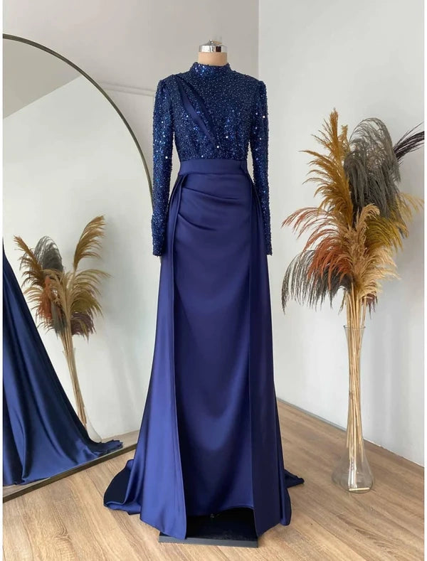 Jewel Neck Pleated Satin Bodycon Sequin Dress Trailing Long Sleeve Evening Gown Ball Gown nv1964