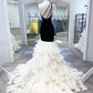 Black and White One Shoulder Sleeveless Layered Mermaid Long Ball Gown Evening Dress nv1923